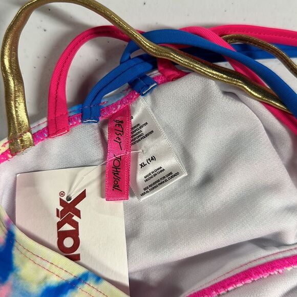 Girl’s Betsey Johnson swim suit sz XL 14 - Pink, Blue, Yellow, White w/Heart - Picture 4 of 4